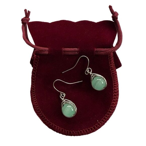 Seafoam Glass Orb Drop Earrings, Minimalist Wire Wrap with Keepsake Pouch - Picture 1 of 7